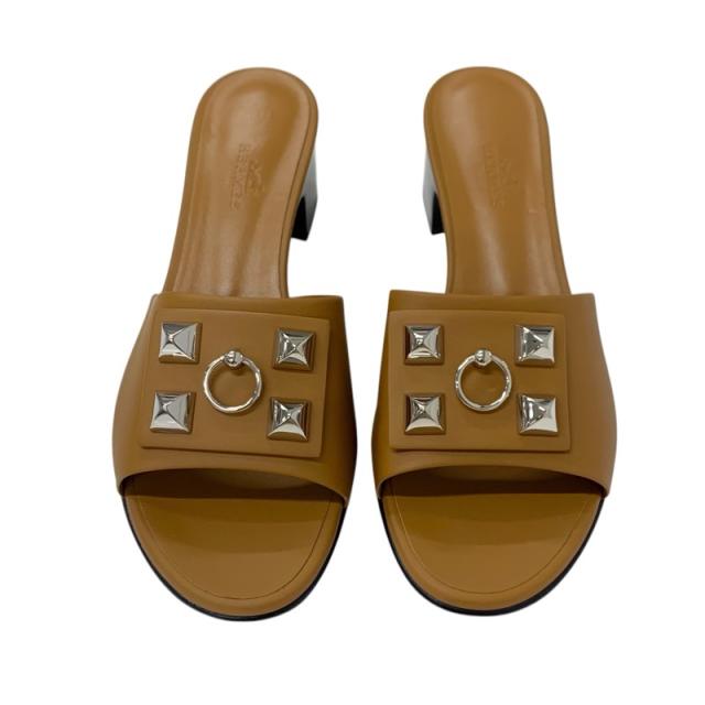 エルメス HERMES ドリーミー サンダル 靴 シューズ レザー ブラウン シルバー 未使用 コリエドシアン ミュール スタッズ_1
