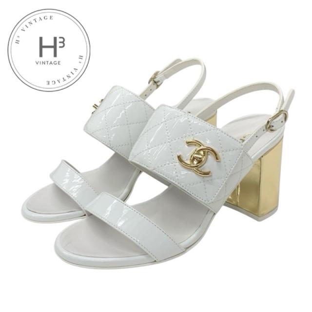 シャネル CHANEL サンダル 靴 シューズ パテント ホワイト ゴールド