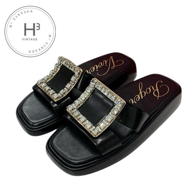 美品 ロジェヴィヴィエ パンプス ストラスバックル ビジュー サンダル ブラック ロジェヴィヴィエ レザー ストラスバックル ビジュー サンダル