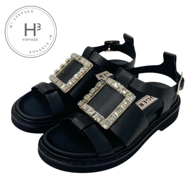 ロジェヴィヴィエ Roger Vivier ヴィヴレンジャー サンダル 靴 シューズ レザー ブラック 黒 ストラスバックル ビジュー ストラップ