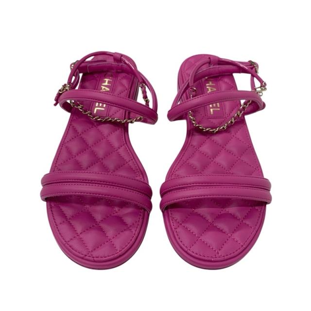 シャネル CHANEL サンダル 靴 シューズ レザー ピンク ゴールド マトラッセ ココマーク ハート チェーン ストラップ フラット_1