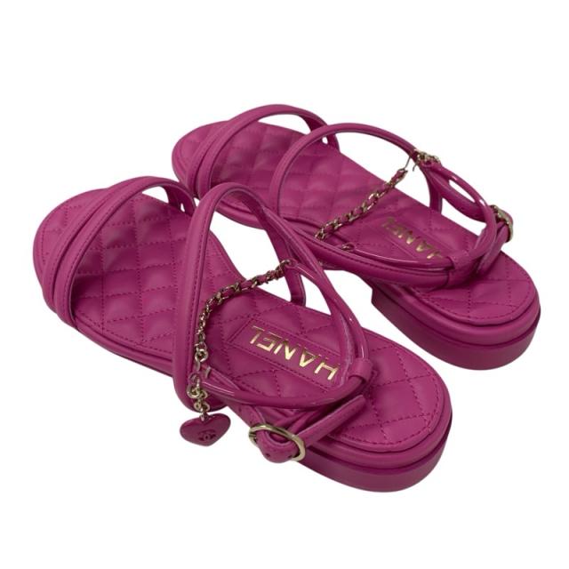 シャネル CHANEL サンダル 靴 シューズ レザー ピンク ゴールド マトラッセ ココマーク ハート チェーン ストラップ フラット_3