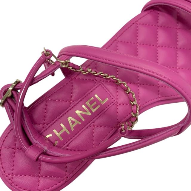 シャネル CHANEL サンダル 靴 シューズ レザー ピンク ゴールド マトラッセ ココマーク ハート チェーン ストラップ フラット_6