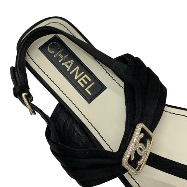シャネル CHANEL サンダル 靴 シューズ サテン ブラック 黒 ゴールド