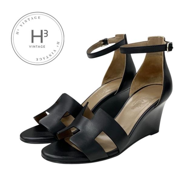 エルメス HERMES レジェンド サンダル 靴 シューズ レザー ブラック 黒 アンクルストラップ ウェッジソール