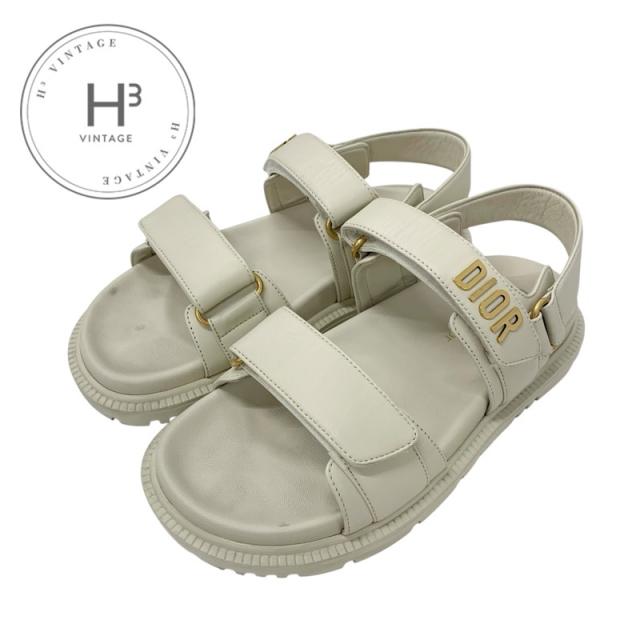 クリスチャンディオール CHRISTIAN DIOR DIORACT サンダル 靴 シューズ ラムスキン アイボリー ゴールド ロゴ ベルクロストラップ