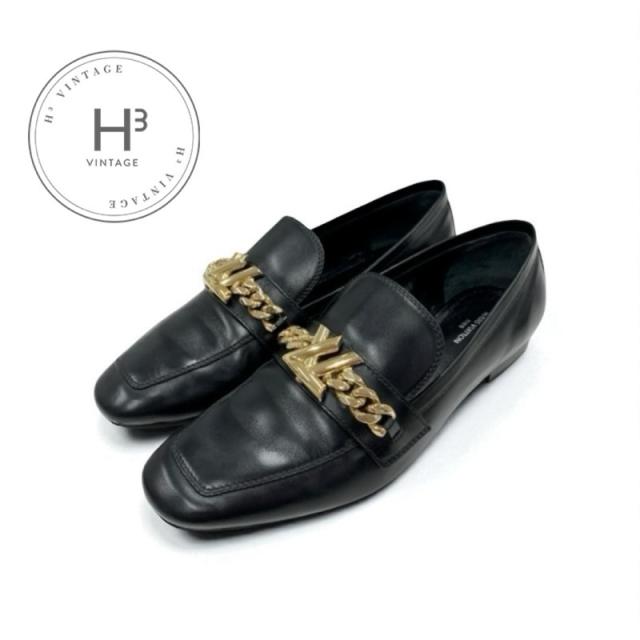 ヴィトン アッパーケースライン レザー チェーン ロゴ ローファー ブラック