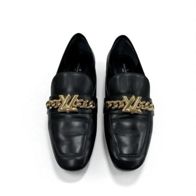 Louis Vuitton ローファー ゴールドチェーン ヴィトン アッパーケースライン レザー チェーン ロゴ ローファー ブラック