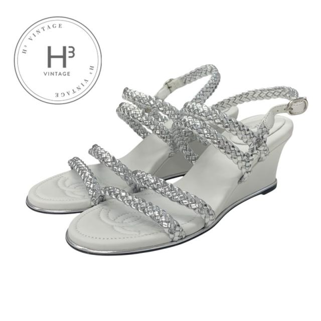 シャネル CHANEL サンダル 靴 シューズ レザー シルバー ホワイト ストラップ 編み込み ウェッジソール