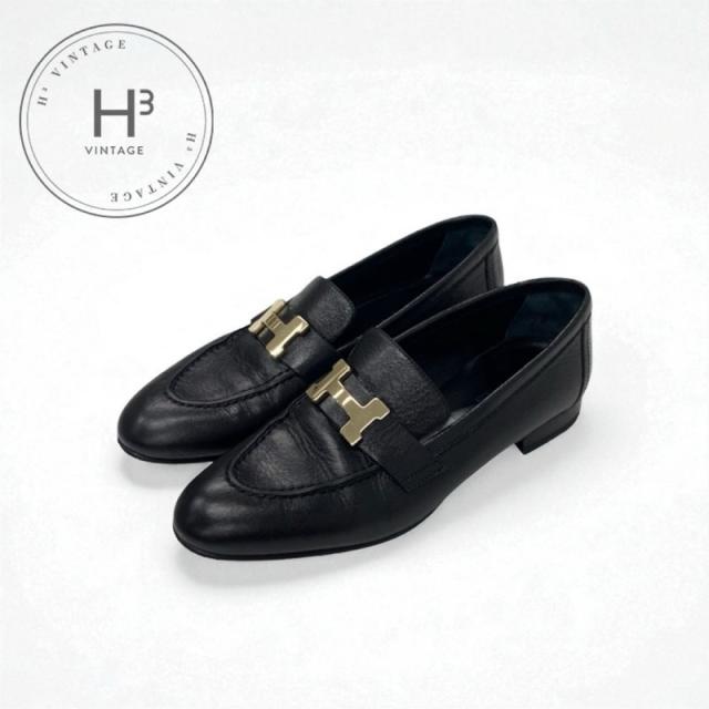 エルメス HERMES パリ ローファー 革靴 靴 シューズ レザー ブラック 黒 ゴールド H金具 モカシン