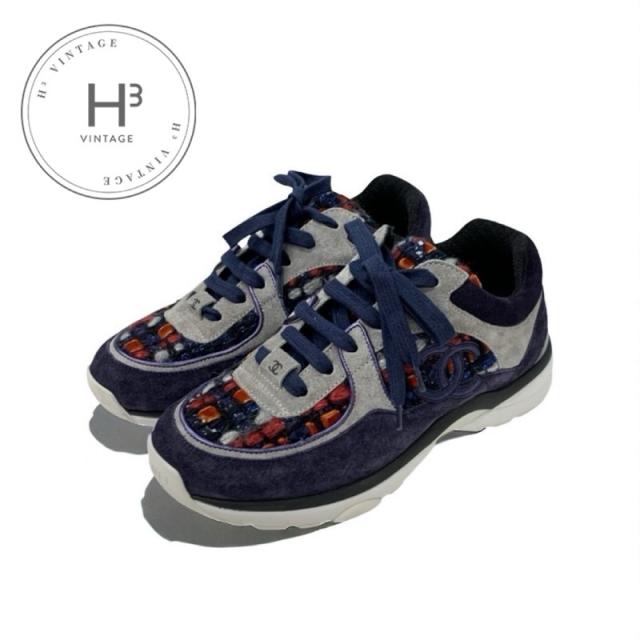 シャネル CHANEL スニーカー 靴 シューズ スエード ファブリック ネイビー マルチカラー ココマーク ツイード