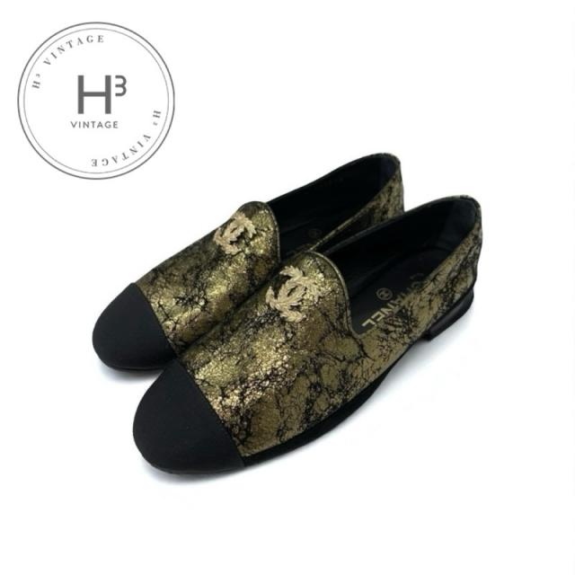 シャネル CHANEL ローファー 革靴 靴 シューズ スエード レザー ファブリック ブラック ゴールド ココマーク