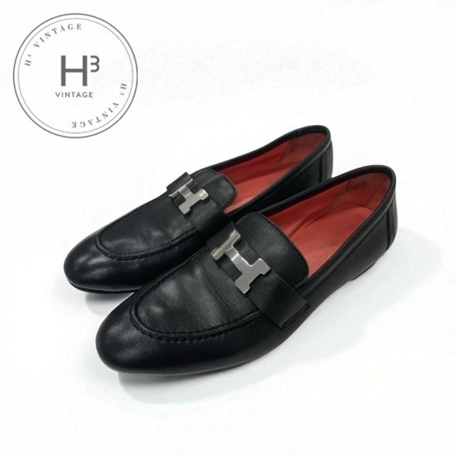 エルメス HERMES パリ ローファー 革靴 靴 シューズ レザー ブラック 黒 シルバー H金具 モカシン