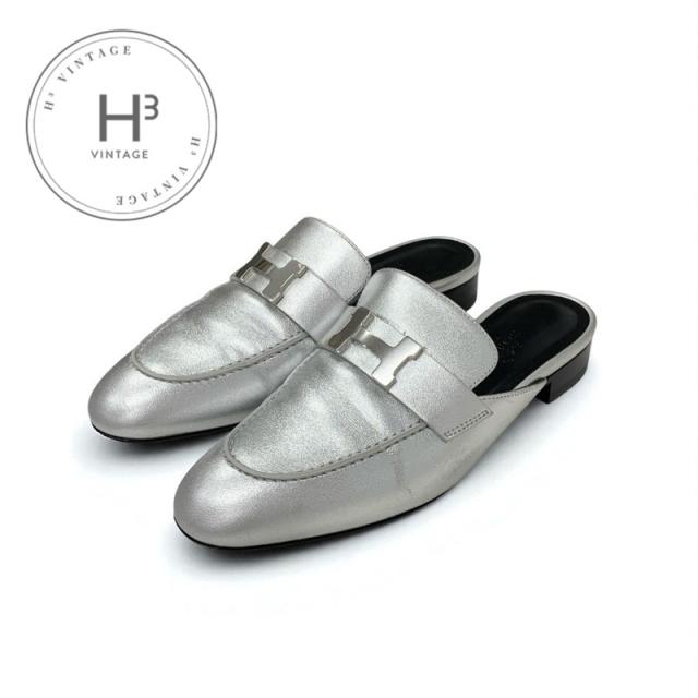 エルメス HERMES トロカデロ フラットシューズ 靴 シューズ レザー シルバー ミュール H金具