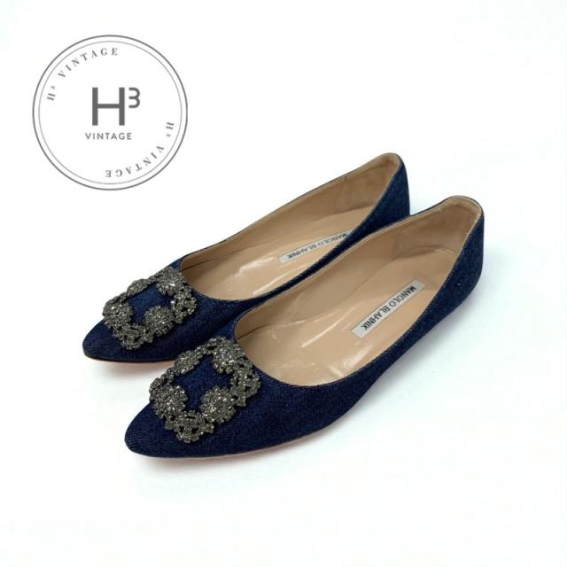 マノロブラニク MANOLO BLAHNIK ハンギシ フラットシューズ 靴 シューズ デニム ブルー フラットパンプス ビジュー