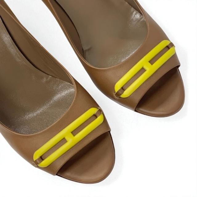エルメス HERMES パンプス 靴 シューズ レザー ブラウン イエロー シェーヌダンクル ウェッジソール_8