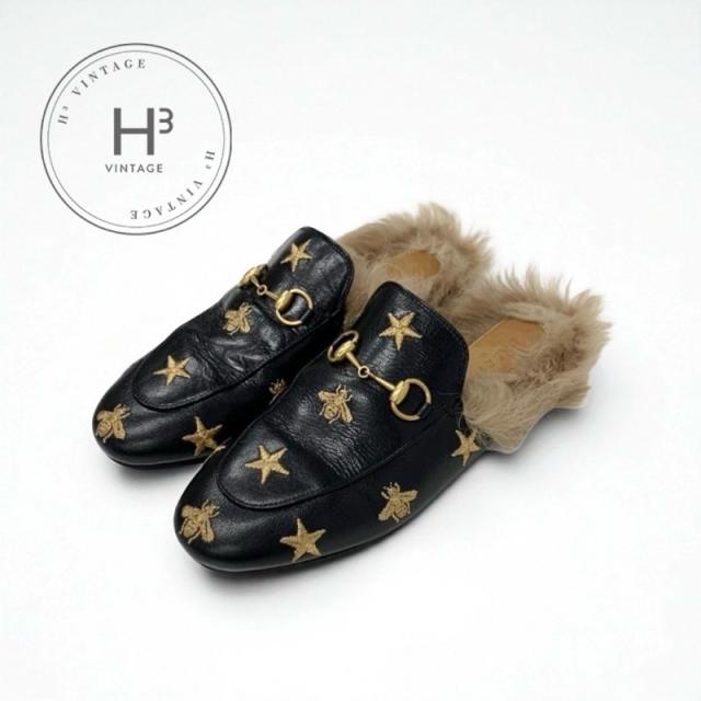 グッチ GUCCI プリンスタウン フラットシューズ 靴 シューズ レザー ファー ブラック ブラウン ゴールド ホースビット スター bee