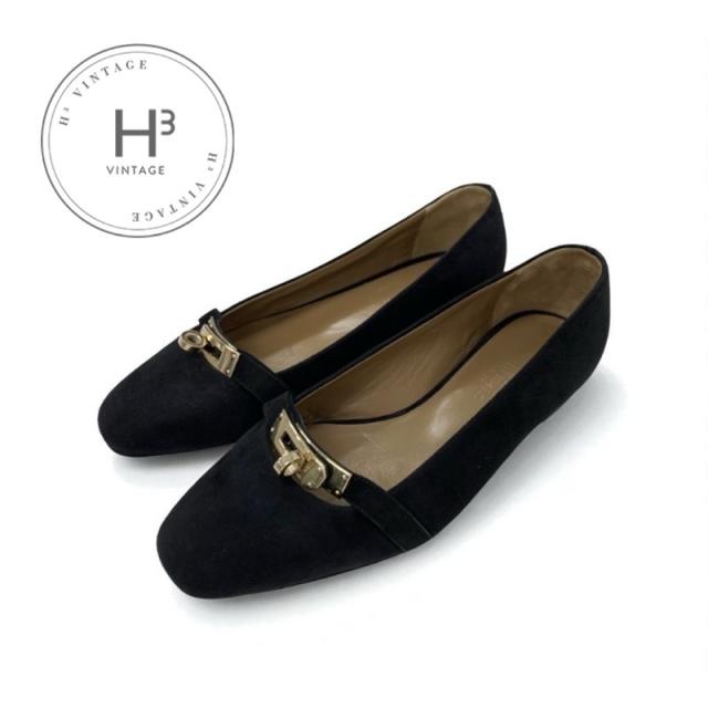 エルメス HERMES ビルバオ フラットシューズ 靴 シューズ スエード ブラック 黒 ゴールド ケリー金具