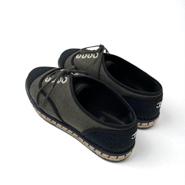 シャネル CHANEL フラットシューズ 靴 シューズ ファブリック グレー ブラック ココマーク エスパドリーユ パール_3