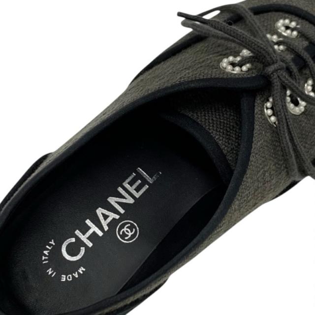 シャネル CHANEL フラットシューズ 靴 シューズ ファブリック グレー ブラック ココマーク エスパドリーユ パール_6