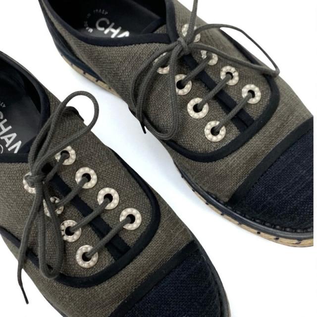 シャネル CHANEL フラットシューズ 靴 シューズ ファブリック グレー ブラック ココマーク エスパドリーユ パール_9