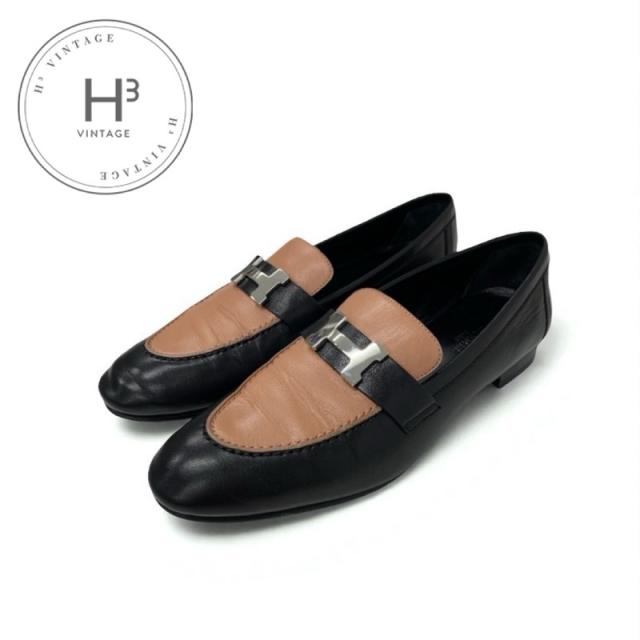 エルメス HERMES パリ ローファー 革靴 靴 シューズ レザー ブラック ピンク系 H金具 モカシン