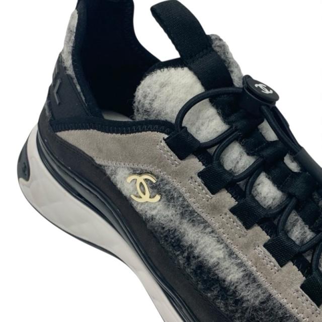 シャネル CHANEL スニーカー 靴 シューズ モヘア スエード グレー ブラック ホワイト マトラッセ ココマーク ロゴ_8