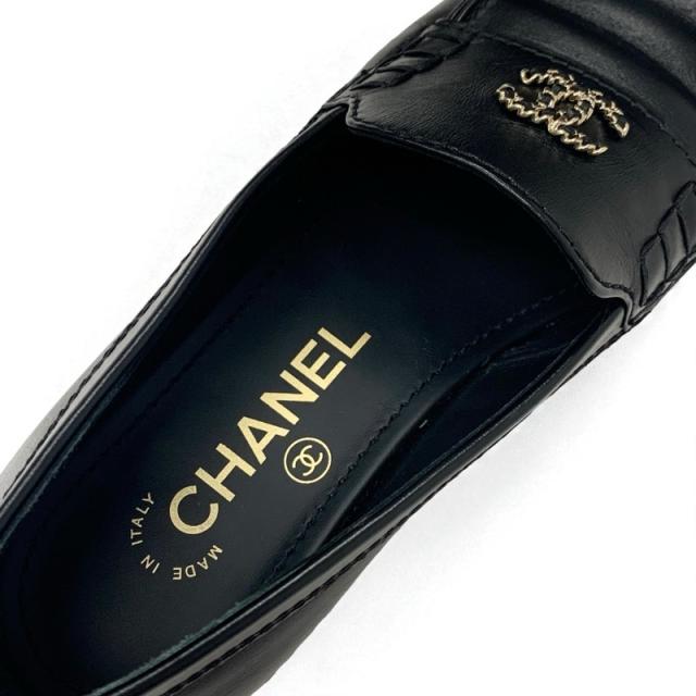 シャネル CHANEL ローファー 革靴 靴 シューズ レザー ブラック 黒 ゴールド ココマーク チェーン フラットシューズ_6