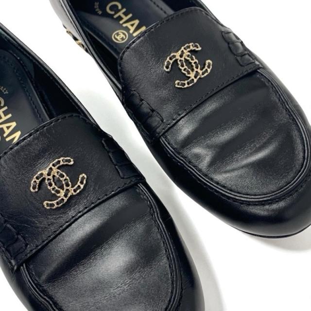 シャネル CHANEL ローファー 革靴 靴 シューズ レザー ブラック 黒 ゴールド ココマーク チェーン フラットシューズ_8