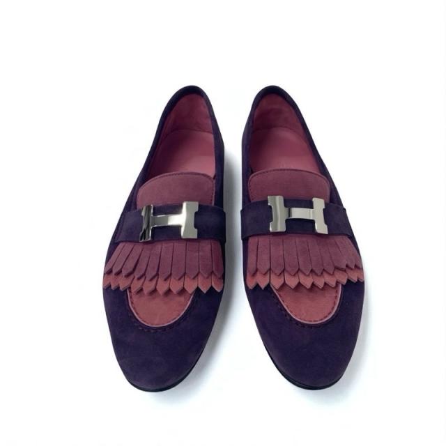 エルメス HERMES ロワイヤル ローファー 革靴 靴 シューズ スエード パープル ピンク系 シルバー H金具 フリンジ_1