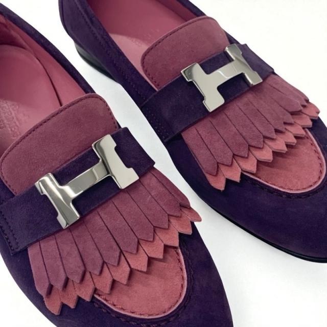エルメス HERMES ロワイヤル ローファー 革靴 靴 シューズ スエード パープル ピンク系 シルバー H金具 フリンジ_8
