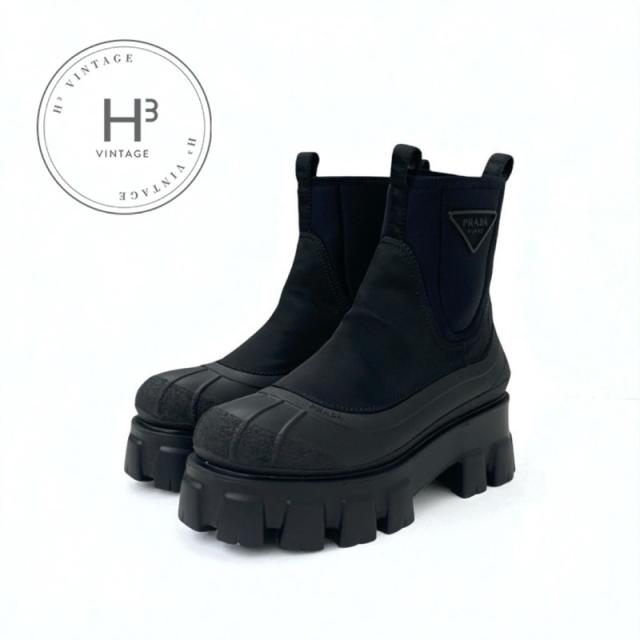 プラダ PRADA モノリス ブーツ ショートブーツ 靴 シューズ ナイロン ラバー ブラック 黒 Re-Nylon トライアングルロゴ