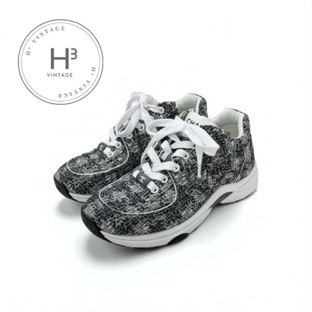 シャネル CHANEL スニーカー 靴 シューズ ファブリック グレー ブラック ホワイト ココマーク ロゴ