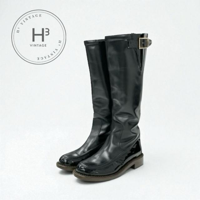 シャネル CHANEL ブーツ ロングブーツ 靴 シューズ レザー パテント ブラック ゴールド ロゴ