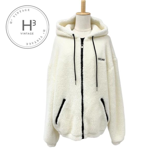セリーヌ CELINE アウター アクリル ホワイト 白 トリオンフ ルーズフード フリースジャケット ジップアップ メンズ
