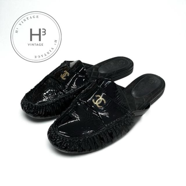 シャネル CHANEL フラットシューズ 靴 シューズ パテント ブラック 黒 ココマーク ミュール