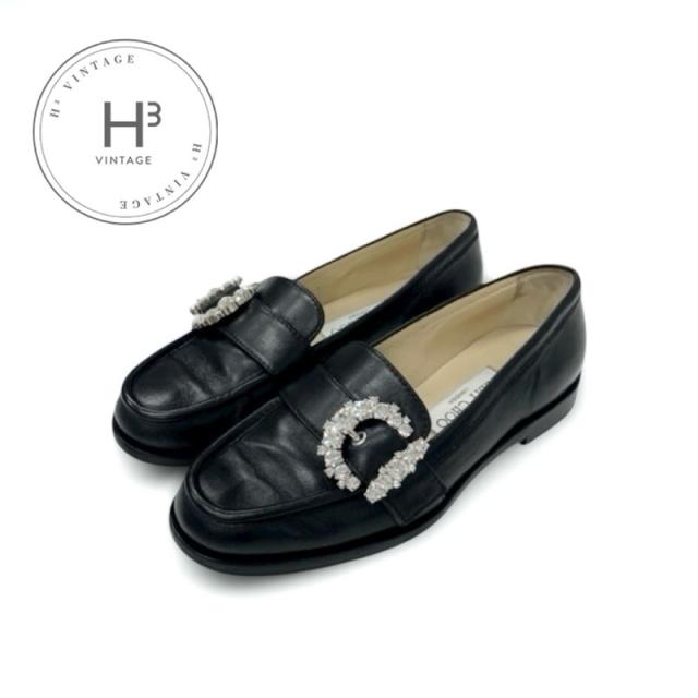 ジミーチュウ JIMMY CHOO ローファー 革靴 靴 シューズ レザー ブラック 黒 CHERI ビジュー バックル フラットシューズ
