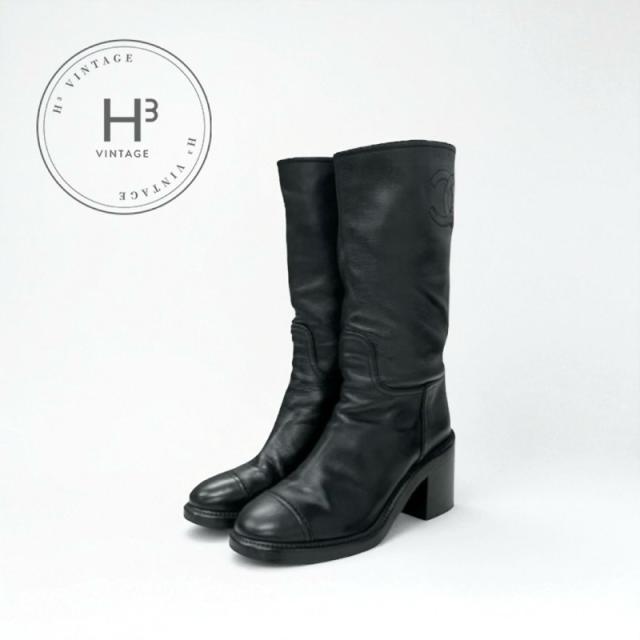 シャネル CHANEL ブーツ ロングブーツ 靴 シューズ カーフスキン ブラック 黒 ココマーク ミドルブーツ