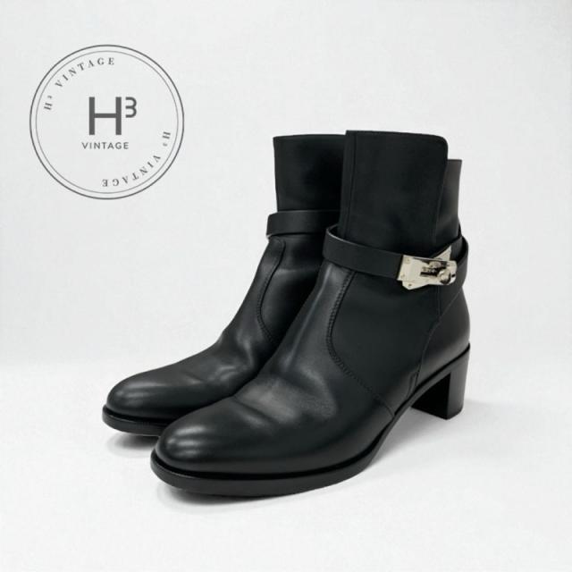 エルメス HERMES フレンチー ブーツ ショートブーツ 靴 シューズ レザー ブラック 黒 シルバー ケリー金具