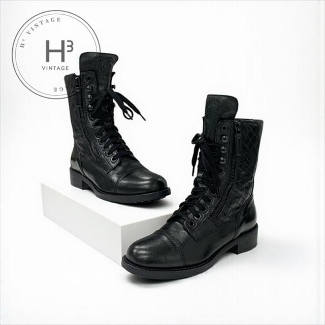 シャネル CHANEL ブーツ ショートブーツ 靴 シューズ レザー ブラック ココマーク マトラッセ ロゴ レースアップ シャネル CHANEL ブーツ ショートブーツ 靴 シューズ レザー ブラック