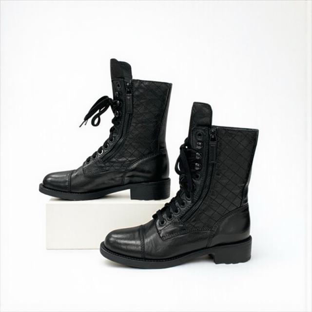 シャネル CHANEL ブーツ ショートブーツ 靴 シューズ レザー ブラック ココマーク マトラッセ ロゴ レースアップ_3