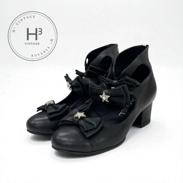 美品　CHANEL　シャネル　スター　ラインストーン　パンプス　ブラック シャネル CHANEL パンプス 靴 シューズ レザー ブラック 黒 ココマーク