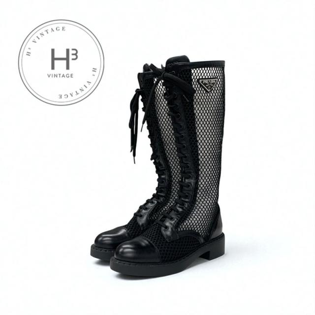 プラダ PRADA ブーツ ロングブーツ 靴 シューズ メッシュ レザー ブラック 黒 トライアングルロゴ レースアップ