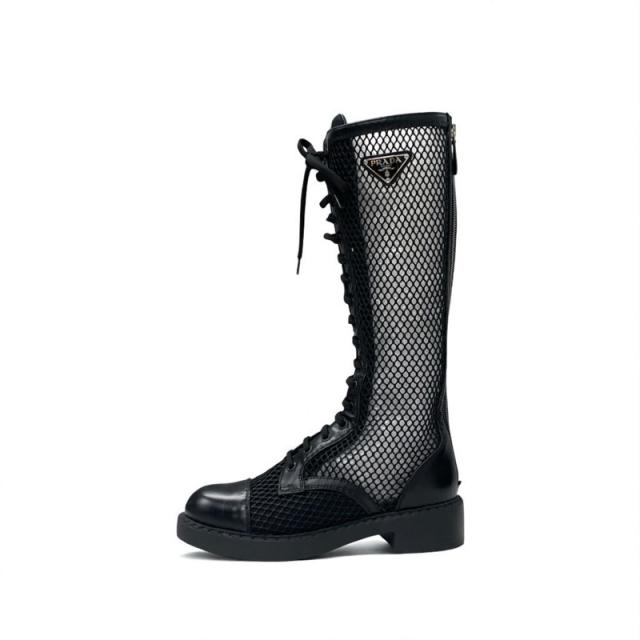 プラダ PRADA ブーツ ロングブーツ 靴 シューズ メッシュ レザー ブラック 黒 トライアングルロゴ レースアップ_2