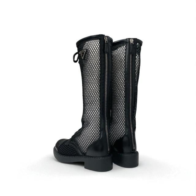 プラダ PRADA ブーツ ロングブーツ 靴 シューズ メッシュ レザー ブラック 黒 トライアングルロゴ レースアップ_3