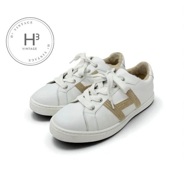 エルメス HERMES アヴァンタージュ スニーカー 靴 シューズ レザー ムートン ホワイト ベージュ Hロゴ