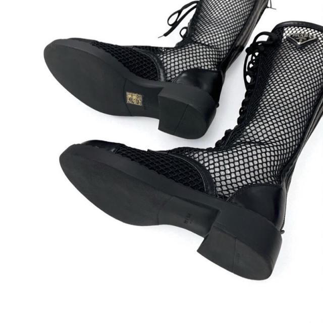 プラダ PRADA ブーツ ロングブーツ 靴 シューズ メッシュ レザー ブラック 黒 トライアングルロゴ レースアップ_5