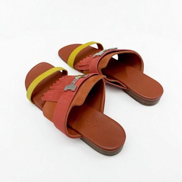 エルメス HERMES コラリア サンダル 靴 シューズ スエード レッド オレンジ イエロー フラット ミュール H金具 フリンジ エルメス HERMES コラリア サンダル 靴 シューズ スエード レッド