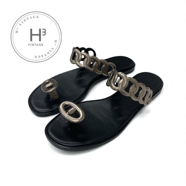 エルメス HERMES イオス サンダル 靴 シューズ レザー ブラック メタリック シェーヌダンクル フラット