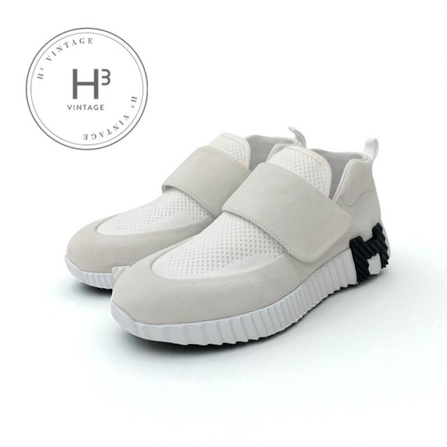 エルメス HERMES H スニーカー 靴 シューズ スエード ファブリック ホワイト 未使用 ベルクロ